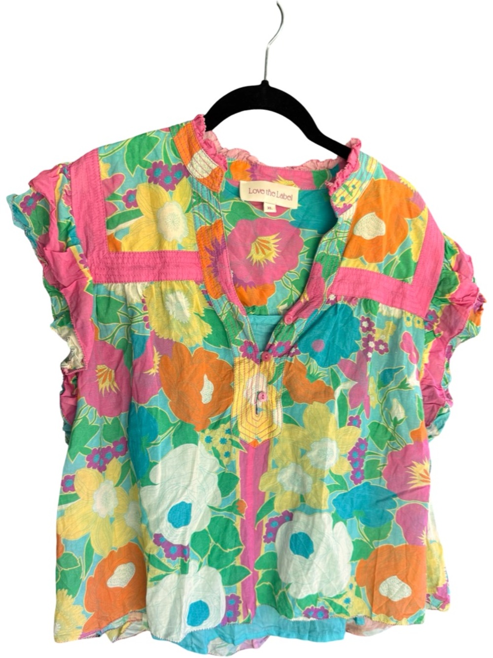Love the Label Floral Blouse XL Boho Ruffle Sleeve Bright Print Top